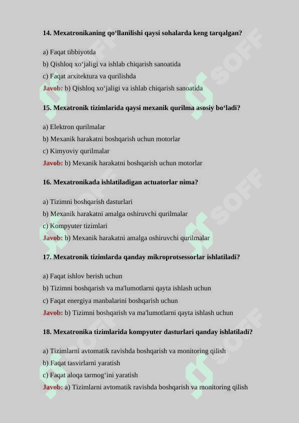 Mexatronika sohasi boʻyicha 30 ta test savollari va ularning javoblari bilan 1