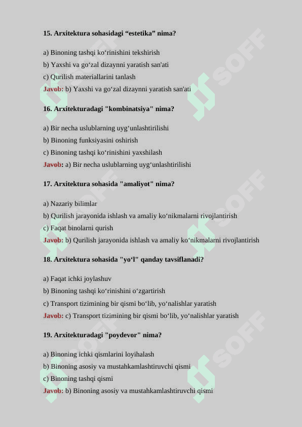 Arxitektura sohasining turli yoʻnalishlari boʻyicha 30 ta test savollari javoblari bilan 1