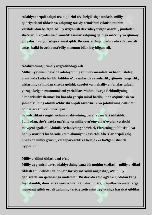 Milliy uyg‘onish davri o‘zbek adabiyoti. Maqsad va vazifalari. 8