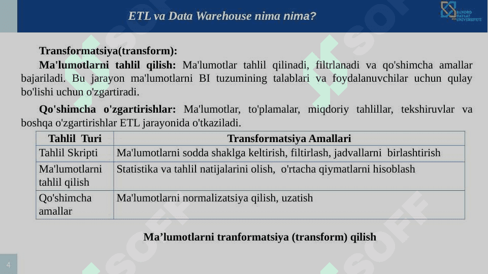 Bigdatada ETL jarayonlari. ETL arxitekturasi. Data WareHouse tamoyillari. 4