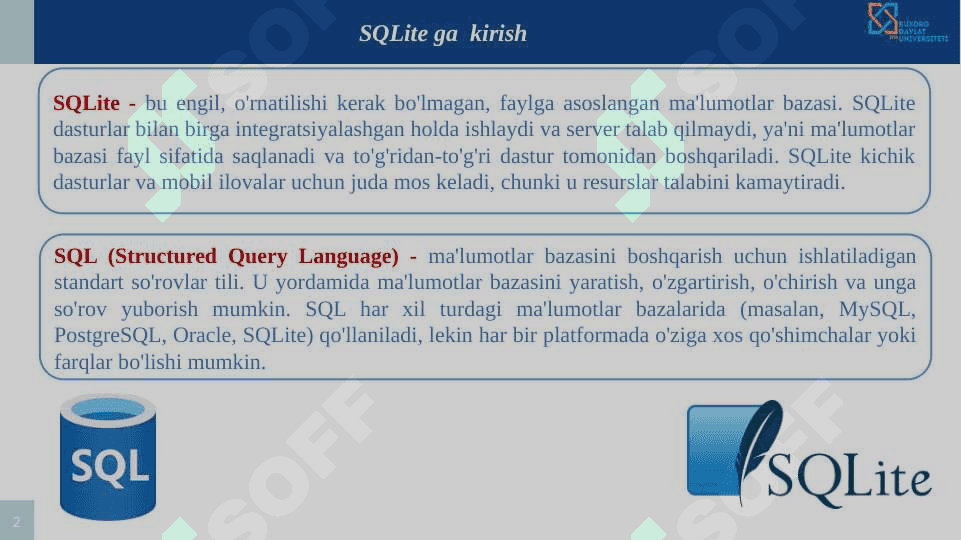 SQLite yordamida SQL so'rovlarini yozish, ma'lumotlar bazasi yaratish va tahlil qilish 2