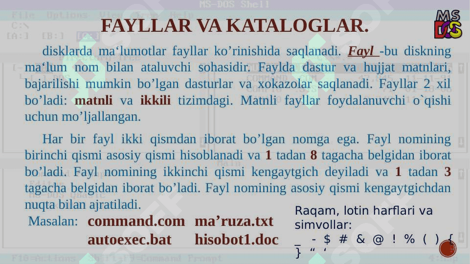 MS DOS operatsion tizimi, MS DOS asosiy buyruqlari. 6