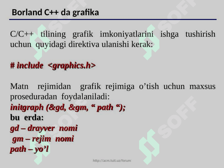 C++ tilining  grafik   imkoniyatlari. Inisializasiyallash.  Ekrandan foydalanish. Grafik holat.  Funksiya grafiklarini qurish 4