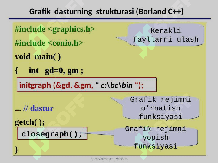 C++ tilining  grafik   imkoniyatlari. Inisializasiyallash.  Ekrandan foydalanish. Grafik holat.  Funksiya grafiklarini qurish 5
