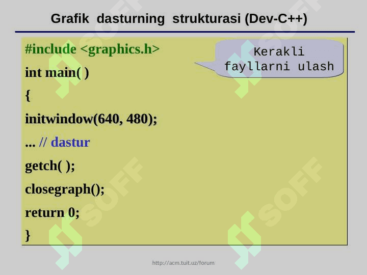 C++ tilining  grafik   imkoniyatlari. Inisializasiyallash.  Ekrandan foydalanish. Grafik holat.  Funksiya grafiklarini qurish 6