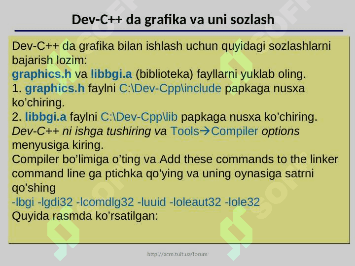 C++ tilining  grafik   imkoniyatlari. Inisializasiyallash.  Ekrandan foydalanish. Grafik holat.  Funksiya grafiklarini qurish 7