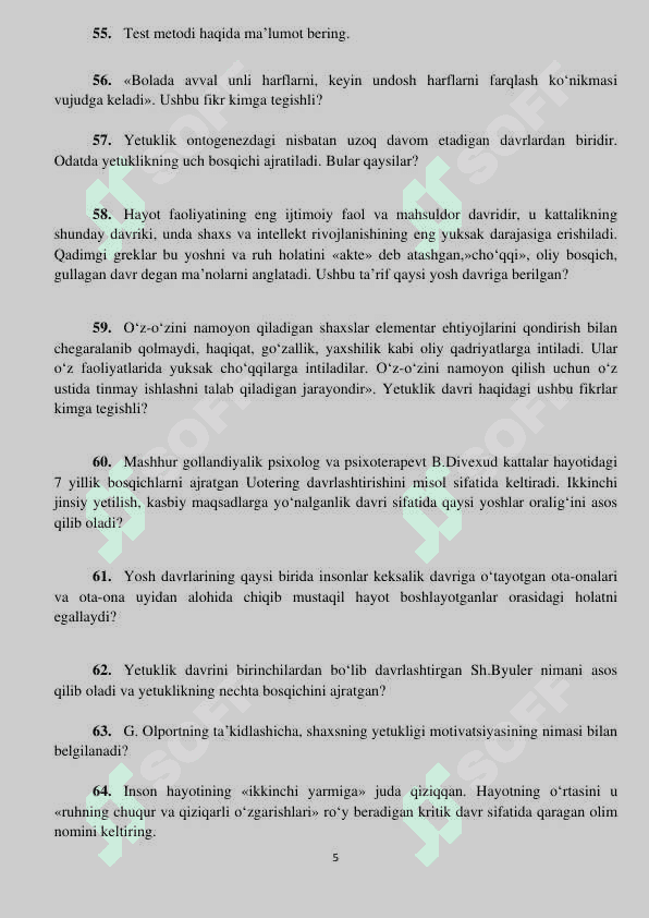 Umumiy Psihalogiyadan 300ta savol javoblari bilan 5