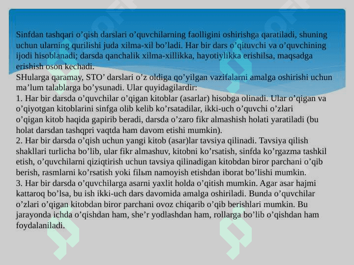 SINFDAN TASHQARI ASOSIY BOSQICH  DARSLARNI TASHKIL ETISH 8