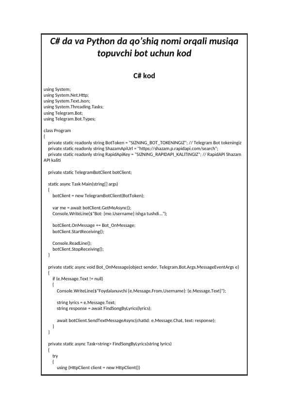 C# da va Python da qo’shiq nomi orqali musiqa topuvchi Telegram bot uchun kod
