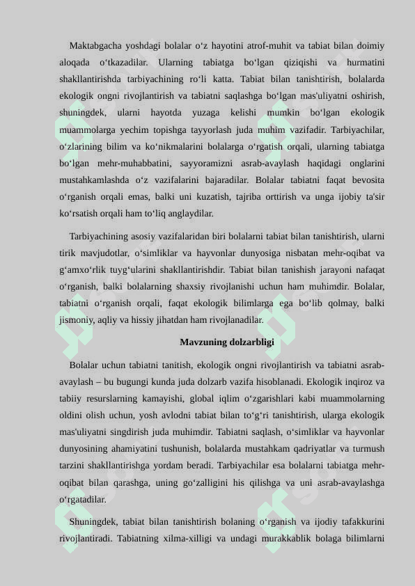 Bolalarni tabiat bilan tanishtirishda tarbiyachining ro’li. 2