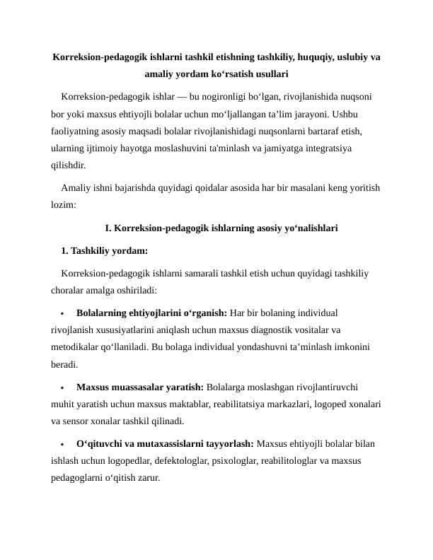 Korreksion-pedagogik ishlarni tashkil etishning tashkiliy, huquqiy, uslubiy va amaliy yordam ko‘rsatish usullari
