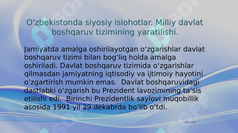 O'ZBEKISTONDA HUQUQIY SIYOSIY ISLOHOTLARNING AMALGA OSHIRILISHI,  DEMOKRATIK JAMIYATNI SHAKLLANTIRISH YOʻLIDAGI ISLOHOTLAR 4
