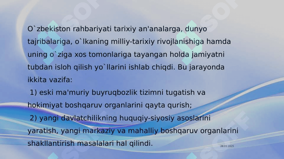 O'ZBEKISTONDA HUQUQIY SIYOSIY ISLOHOTLARNING AMALGA OSHIRILISHI,  DEMOKRATIK JAMIYATNI SHAKLLANTIRISH YOʻLIDAGI ISLOHOTLAR 5