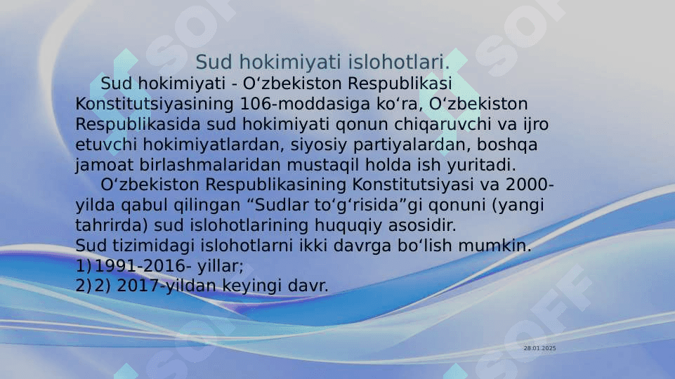 O'ZBEKISTONDA HUQUQIY SIYOSIY ISLOHOTLARNING AMALGA OSHIRILISHI,  DEMOKRATIK JAMIYATNI SHAKLLANTIRISH YOʻLIDAGI ISLOHOTLAR 6