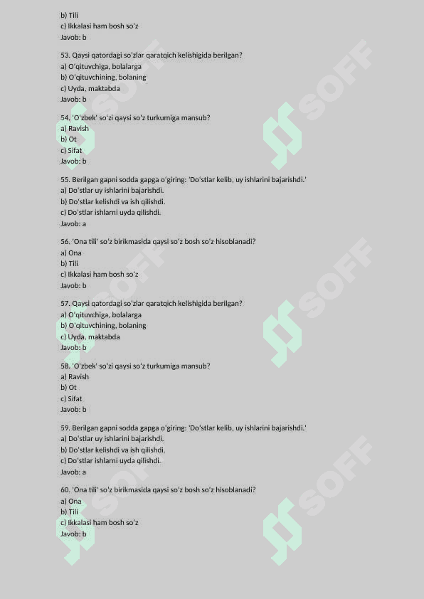 6-sinf ona tili fanidan 200 talik test javoblari bilan birgalikda. 7