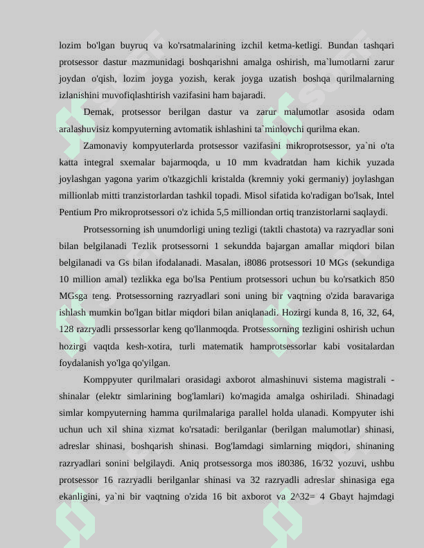 Kompyuterning fizika asoslari ning rivojlanish bosqichlari; kompyuterlarning turlari; kompyuterning fizika asoslari  va tashkil etilishining tamoyillari; kompyuterlarning asosiy ko‘rsatkichlari haqida tasavvurga ega bo‘ladi. 4