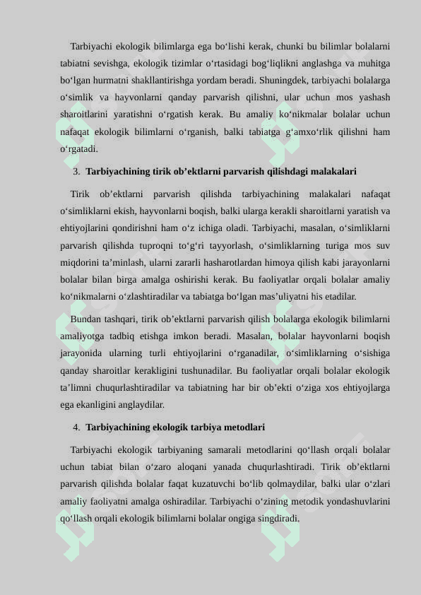 Tabiat burchagida joylashtirilgan tirik ob'ektlarni parvarish qilishda tarbiyachining bilim va malakalarini ahamiyati 4