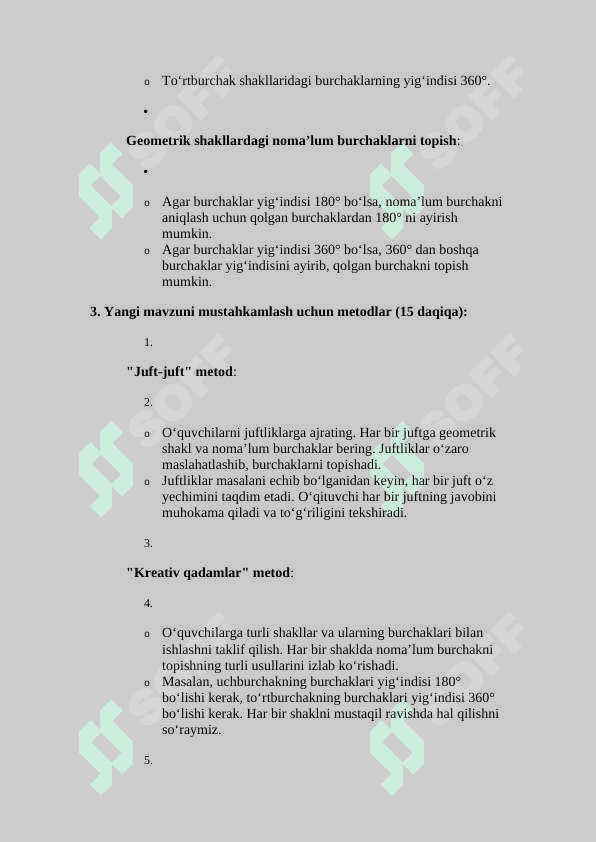 Geometrik shakllardagi noma’lum burchaklarni topish.(ochiq dars ishlanma) 1