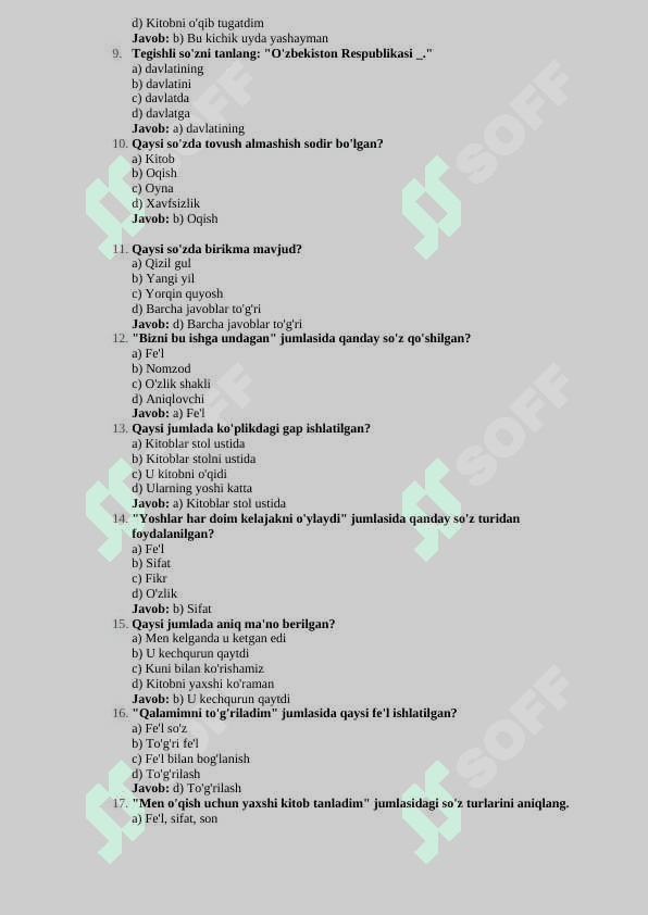 9-sinf ona tili va adabiyot fanidan aralash testlar to'plami 200 ta javoblari bilan. 2