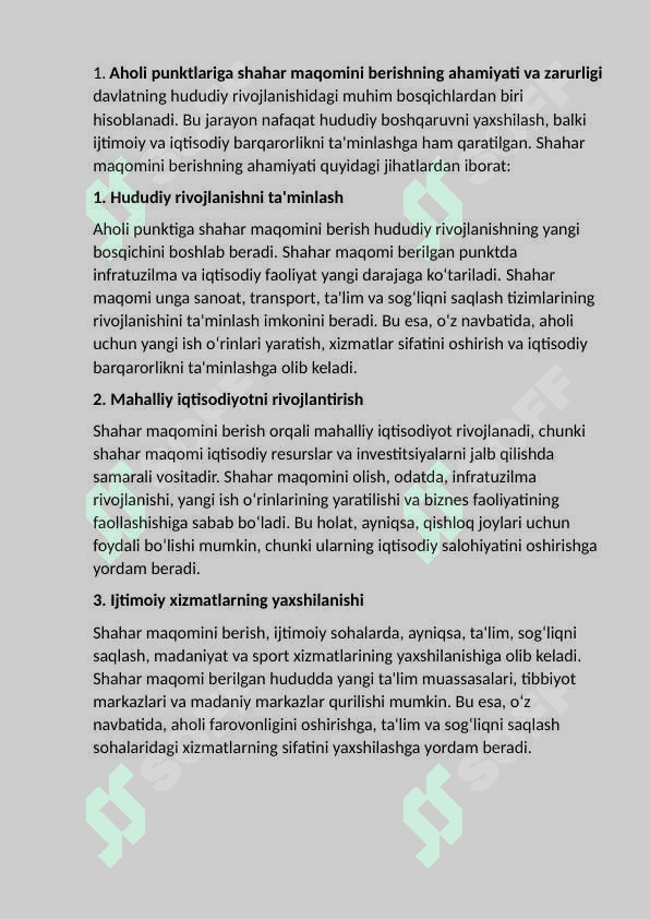 Aholi punktlariga shahar maqomini         berishning qonuniy masalalari. 6