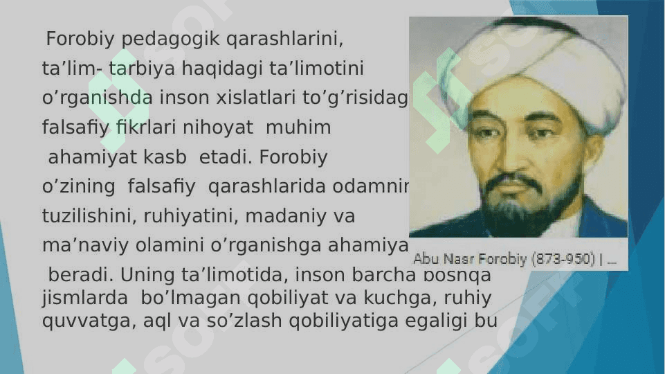 Buyuk mutafakkirlar merosi va xalq pedagogikasi Beruniy, Farobiy, Ibn Sino, Alisher Navoyi, Mirzo Ulug’bek va h.k. 4