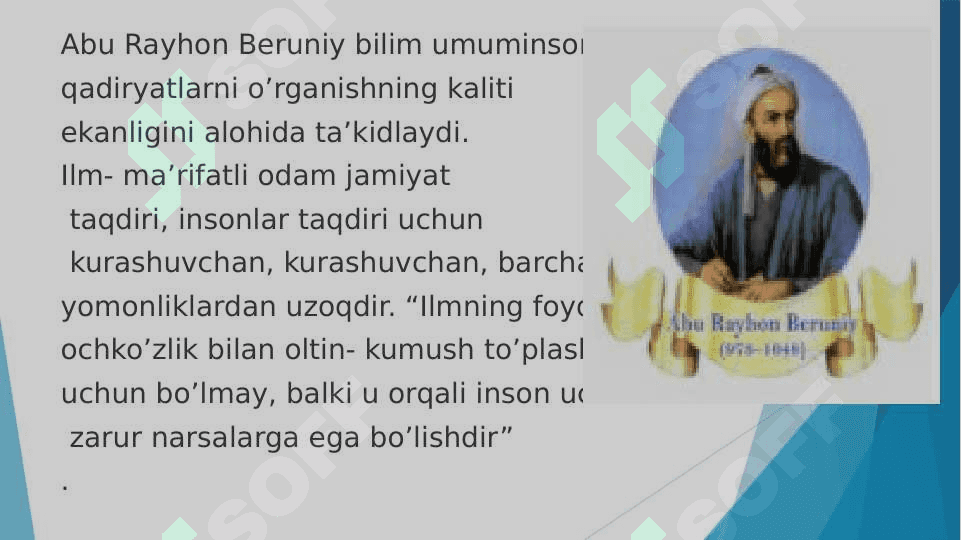 Buyuk mutafakkirlar merosi va xalq pedagogikasi Beruniy, Farobiy, Ibn Sino, Alisher Navoyi, Mirzo Ulug’bek va h.k. 6