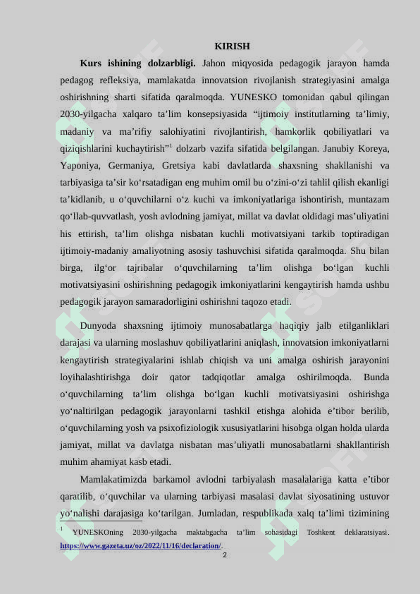 PEDAGOGIK MAHORATNI SHAKLLANTIRISHDA REFLEKSIYANING O‘RNI KURS ISHI 2