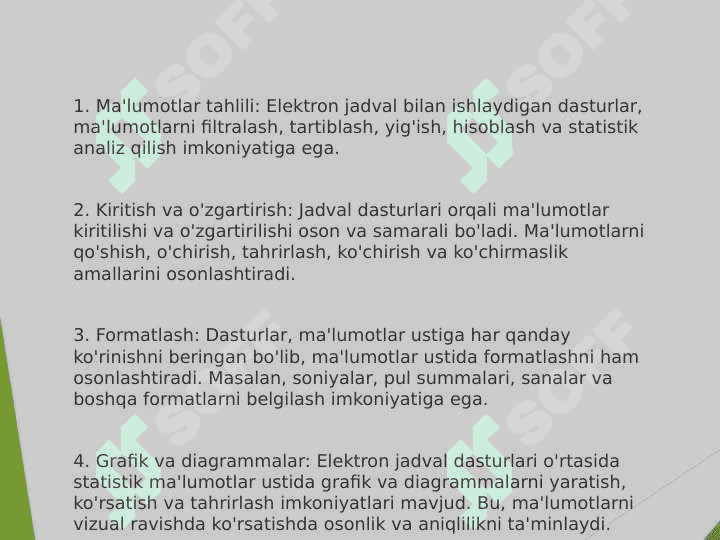 Elektron jadval bilan ishlaydigan dasturlar imkoniyatlari va bir biridan farqi. 3