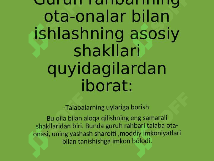 Guruh rahbarining ota-onalar bilan olib boradigan ish shakllari 2