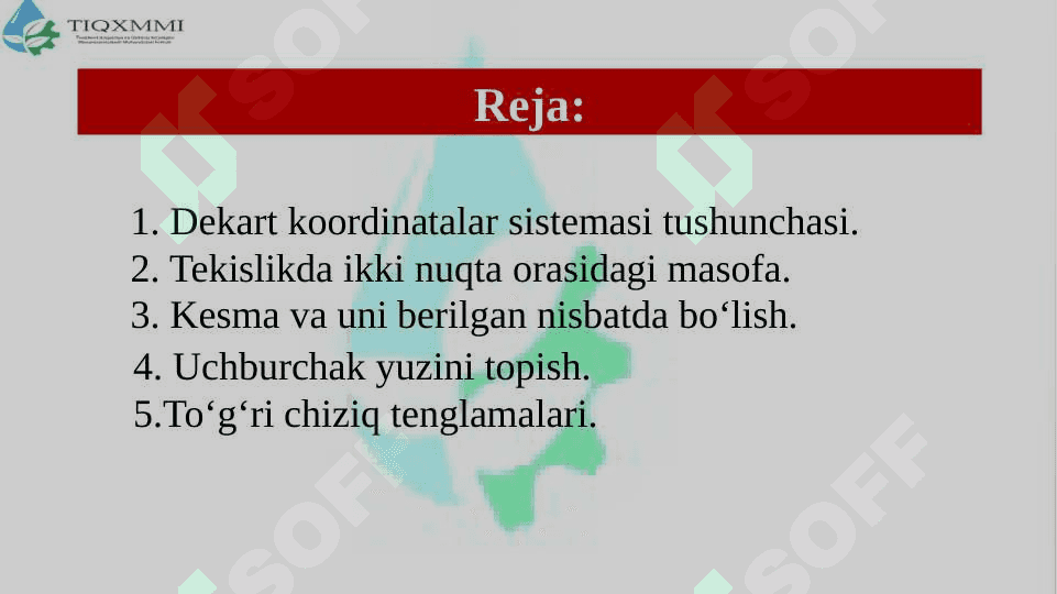Dekart koordinatalar sistemasi tushunchasi. Tekislikda ikki nuqta orasidagi masofa. Kesmani berilgan nisbatda bo‘lish. Uchburchak yuzini topish. To‘g‘ri chiziqning tekislikdagi tenglamalari. pptx 2