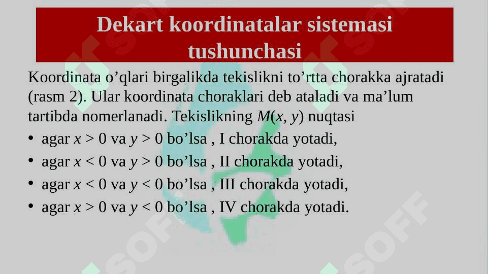 Dekart koordinatalar sistemasi tushunchasi. Tekislikda ikki nuqta orasidagi masofa. Kesmani berilgan nisbatda bo‘lish. Uchburchak yuzini topish. To‘g‘ri chiziqning tekislikdagi tenglamalari. pptx 6
