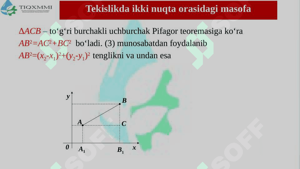 Dekart koordinatalar sistemasi tushunchasi. Tekislikda ikki nuqta orasidagi masofa. Kesmani berilgan nisbatda bo‘lish. Uchburchak yuzini topish. To‘g‘ri chiziqning tekislikdagi tenglamalari. pptx 8