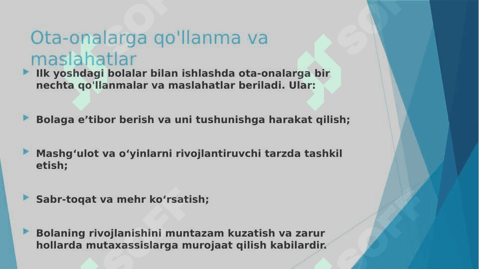 Ilk yoshdagi bolalarning ota-onalari bilan ishlash 5