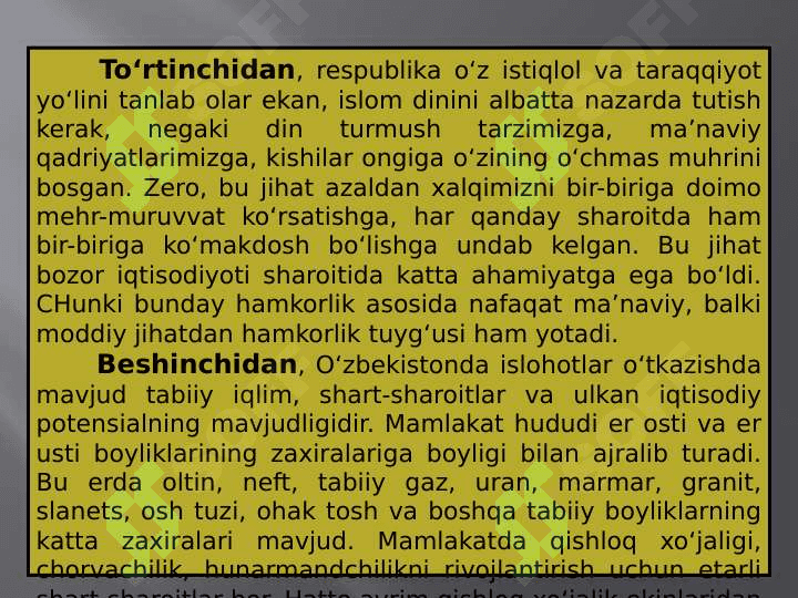 O’ZBEKISTONNING O’ZIGA XOS ISTIQLOL VA TARAQQIYO YO’LI 7