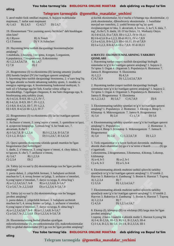 Biologiya 11sinf toʻliq 44mavzulashtirilgan test 6