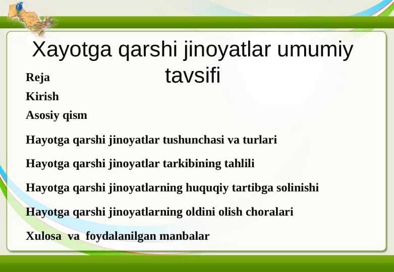 Xayotga qarshi jinoyatlar umumiy tavsifi