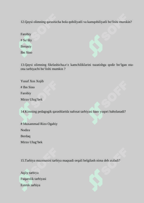 Yunagogika oid testlar, javoblari bilan 4