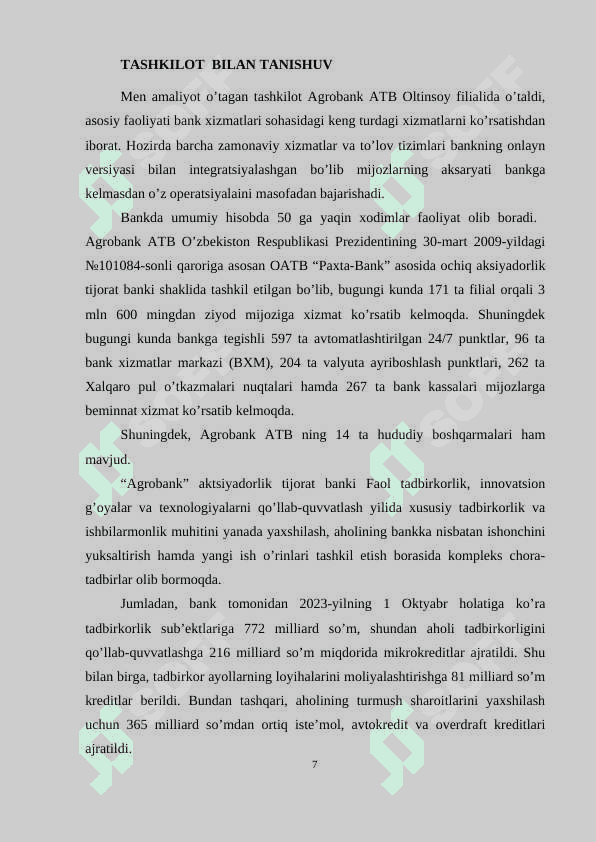 Agrobankda  olib borilgan amaliyot  hisoboti 7