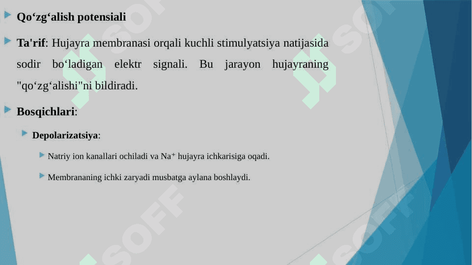 QO'ZG'ALUVCHAN TO'QIMALAR FIZIOLOGIYASI. TINCHLIK VA QO'ZG'ALISH POTENSIYALLARI. TA'SIROTNING BO'SG'A KUCHI. ION KANALLARINING AKTIVASIYASI, DEAKTIVASIYA INAKTIVASIYASI, SINAPSLAR FIZIOLOGIYASI 4