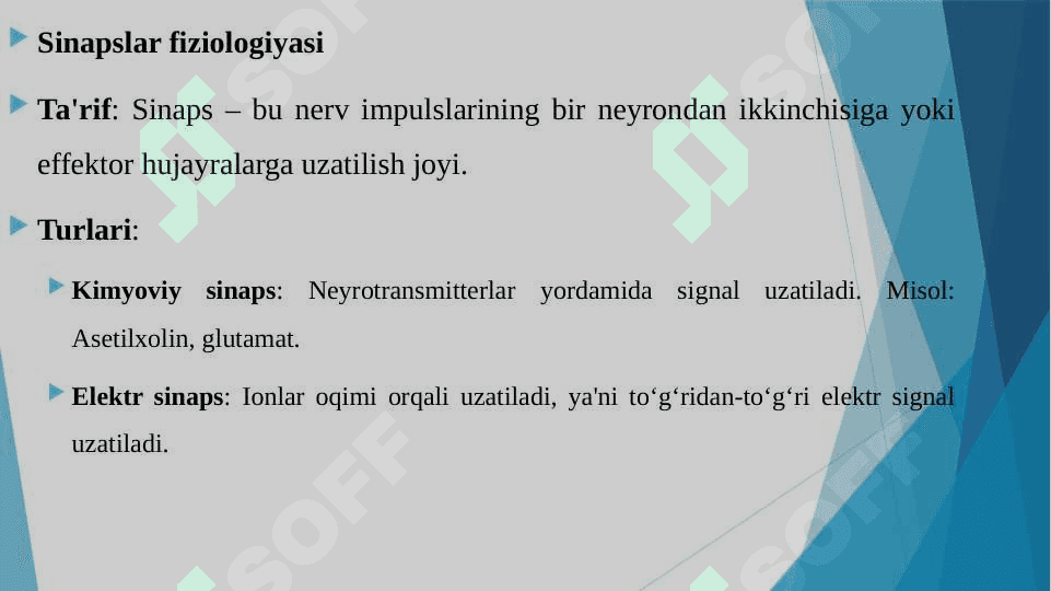 QO'ZG'ALUVCHAN TO'QIMALAR FIZIOLOGIYASI. TINCHLIK VA QO'ZG'ALISH POTENSIYALLARI. TA'SIROTNING BO'SG'A KUCHI. ION KANALLARINING AKTIVASIYASI, DEAKTIVASIYA INAKTIVASIYASI, SINAPSLAR FIZIOLOGIYASI 8