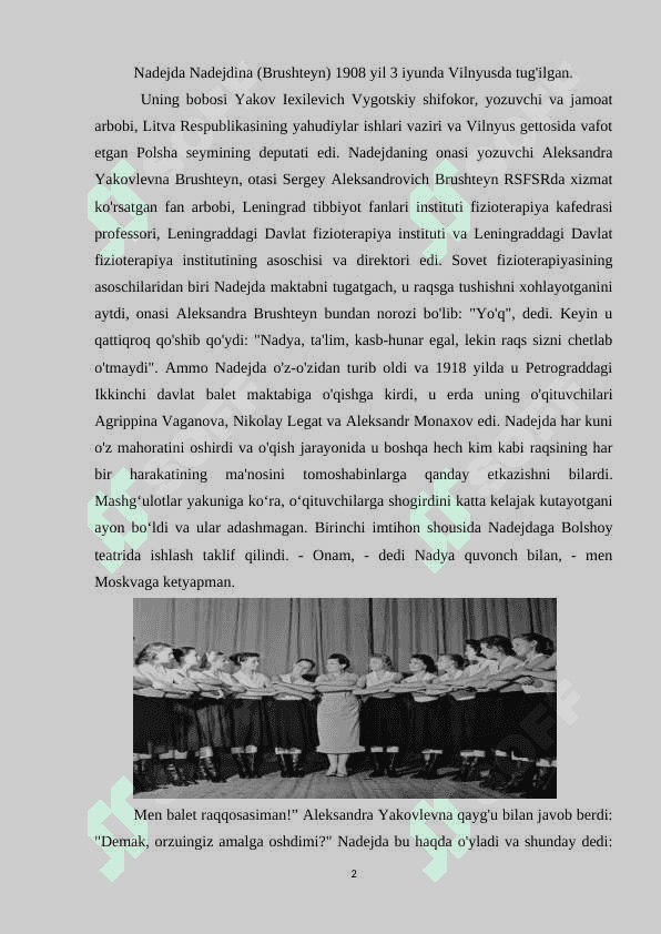 NADEJDA SERGEEVNA NADEJDINA BIOGRAFIYASI VA IJODIYATI. N. S. NADEJDINA NOMIDAGI “BERYOZKA” DAVLAT AKADEMIK XOREOGRAFIK ANSAMBLI " 2