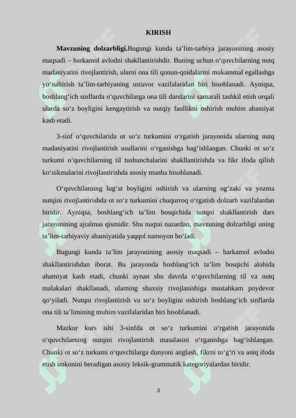 3-SINFDA OT SO'Z TURKUMINI O'RGATISH JARAYONIDA O'QUVCHILAR NUTQINI O'STIRISH 3