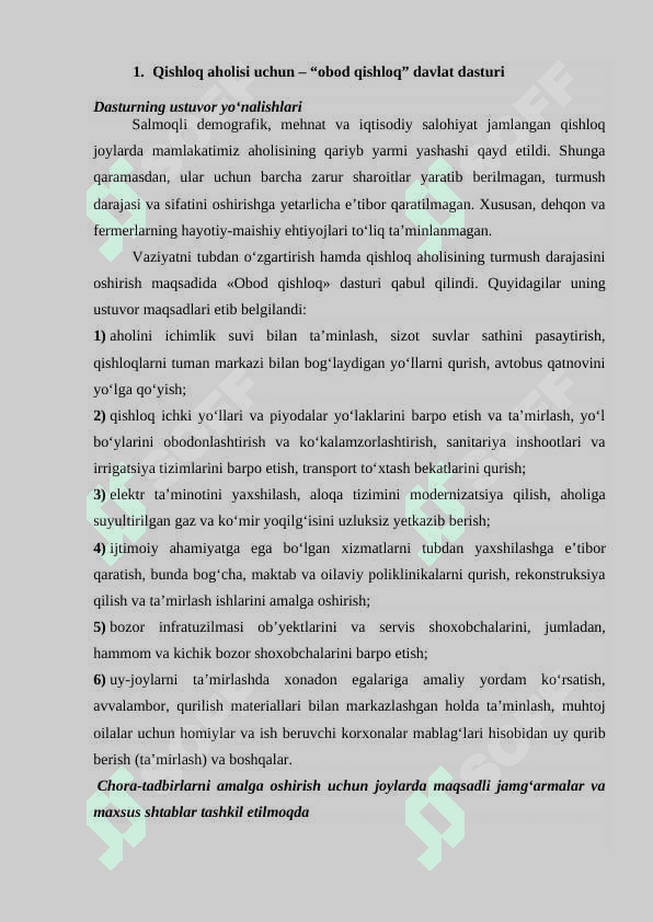 O‘zbekistonda obod qishloq davlat dasturi qishloq axolisining turmush darajasini yaxshilash va ularni ish bilan taminlash masalalari 2