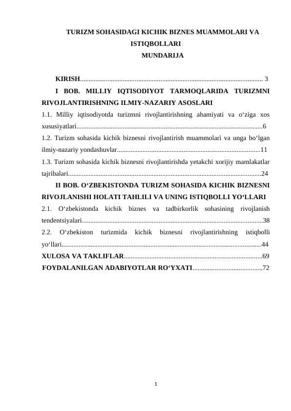 TURIZM SOHASIDAGI KICHIK BIZNES MUAMMOLARI VA ISTIQBOLLARI
