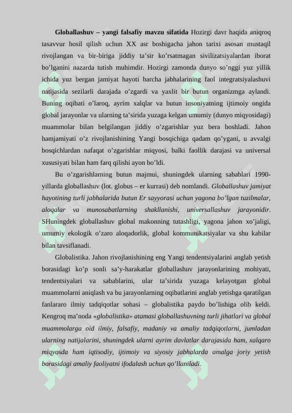 Globallashuv globalistika va barqaror taraqqiyot tushunchalarining o`zaro aloqasi va farqi 2