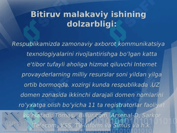 “Aholiga hizmat ko’rsatuvchi internet provayderlarining tizimli tahlili va shaxsiy  internet provayder yaratish usullari” 2