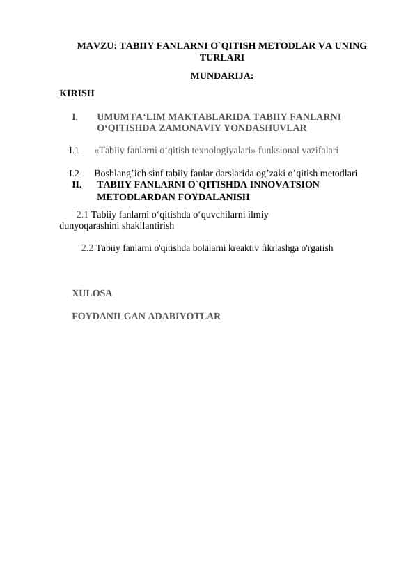 TABIIY FANLARNI O`QITISH METODLAR VA UNING TURLARI