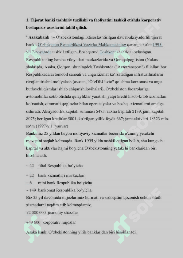 HISOBOT "BANK ISHI" TA’LIM YO'NALISHI BO'YICHA ISHLAB CHIQARISH AMALIYOTI 6