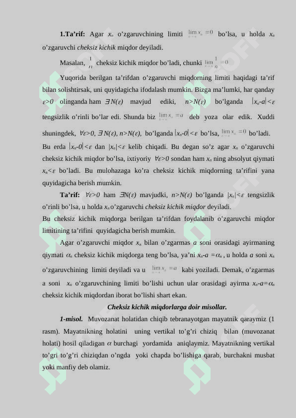 Cheksiz kichik miqdorlarni taqqoslash. Ekvivalent cheksiz kichik miqdorlar. Limitlarni hisoblashda ulardan foydalanish. 2