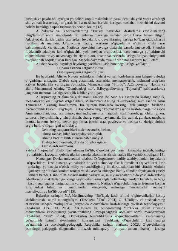 O’QUVCHILARNI DARSDAN TASHQARI TADBIRLARDA BADIIY ASARLARDAN FOYDALANIB KASBGA YO’NALTIRISH 8
